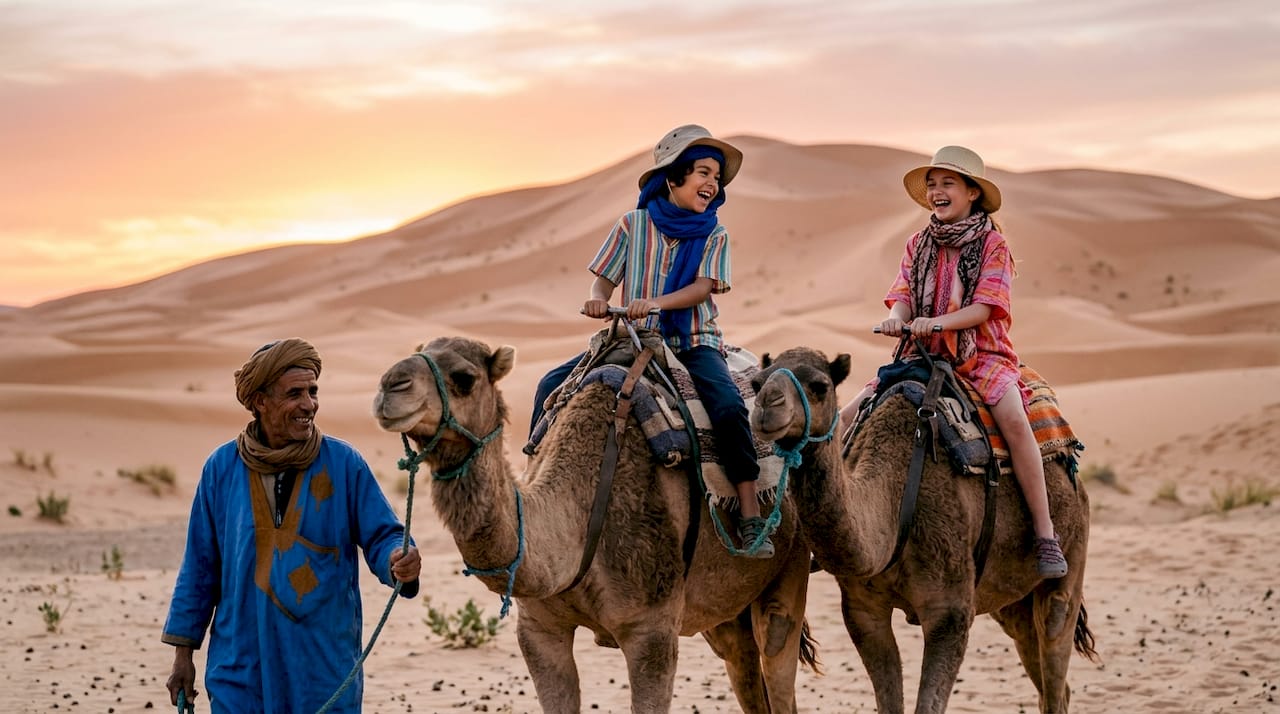 Morocco with Kids: The Family Travel Guide 1 Children camel riding in Sahara desert at sunrise