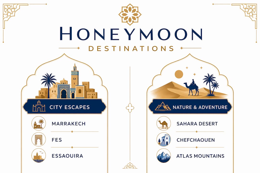 Morocco Honeymoon Guide: Romantic Trips 2 Infographic comparing romantic Moroccan honeymoon destinations