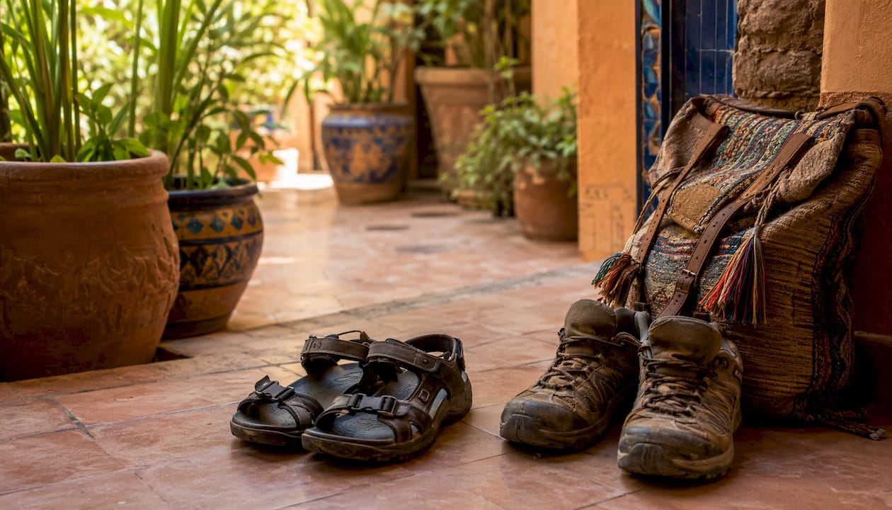 Morocco Packing List: What to Pack for Every Region 3 Sandals and hiking boots in Moroccan riad entrance