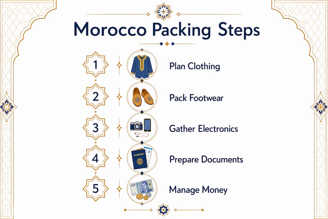 Morocco Packing List: What to Pack for Every Region 1 Infographic showing Morocco packing essentials in steps