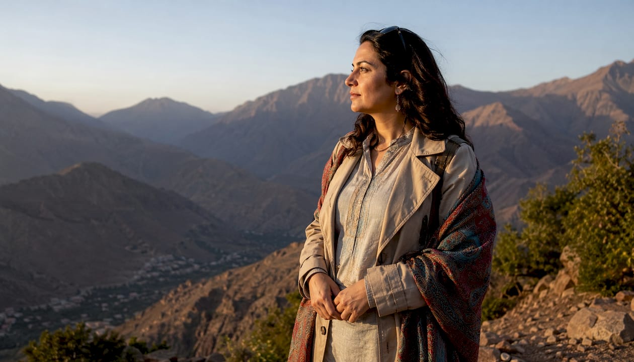 What to Wear in Morocco: A Female Traveler's Guide 2 Traveler layered clothing at Atlas mountain sunrise