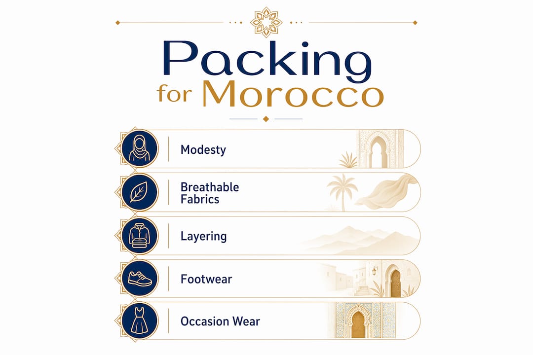 What to Wear in Morocco: A Female Traveler's Guide 3 Infographic illustrating key clothing packing steps for Morocco travel
