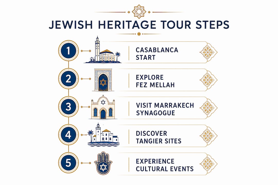 Morocco Jewish Heritage Guide: Sites, History & Culture 2 Infographic showing Jewish heritage tour steps in Morocco
