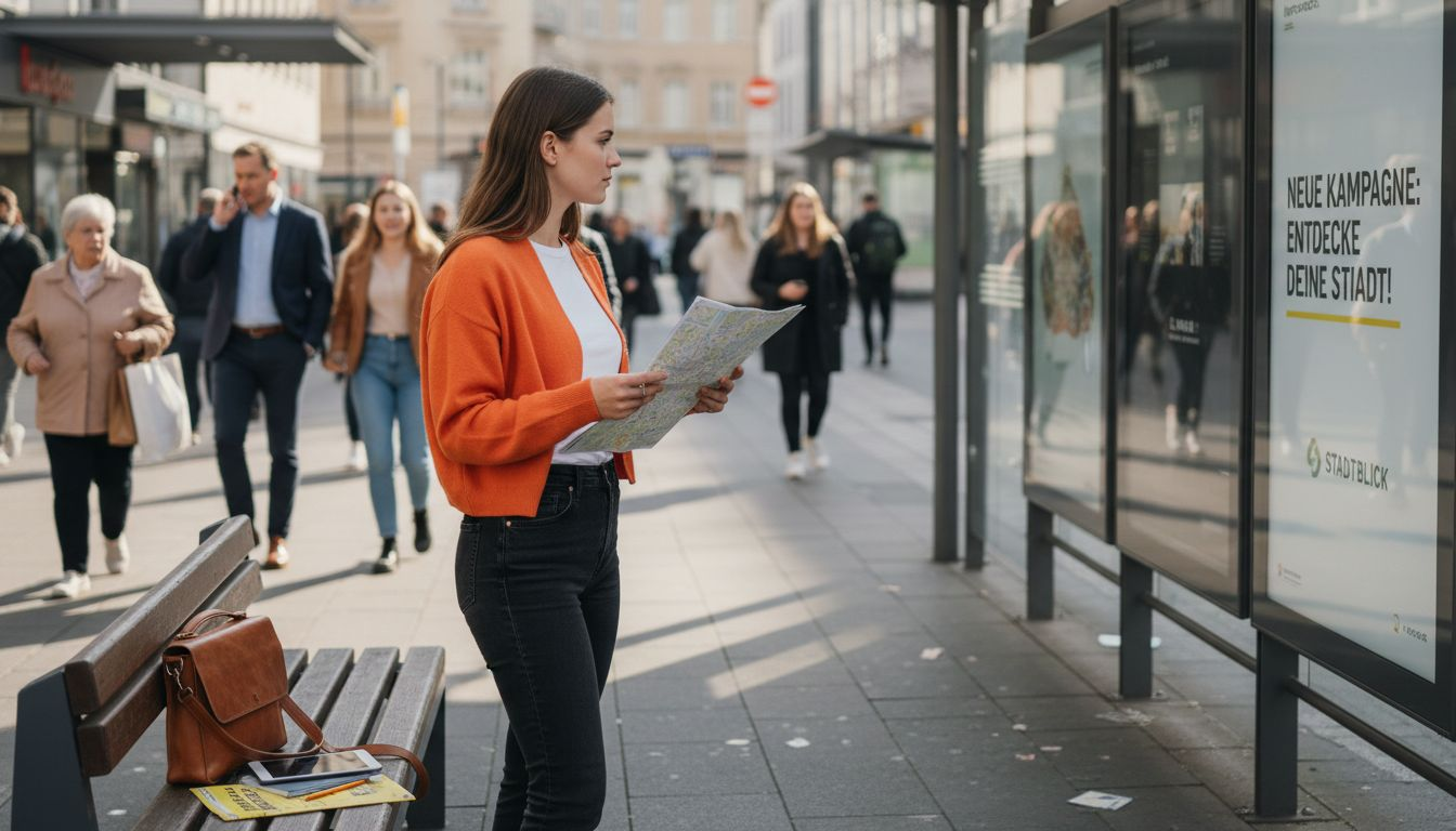 Eine Managerin begutachtet digitale Werbeflächen in der Innenstadt.