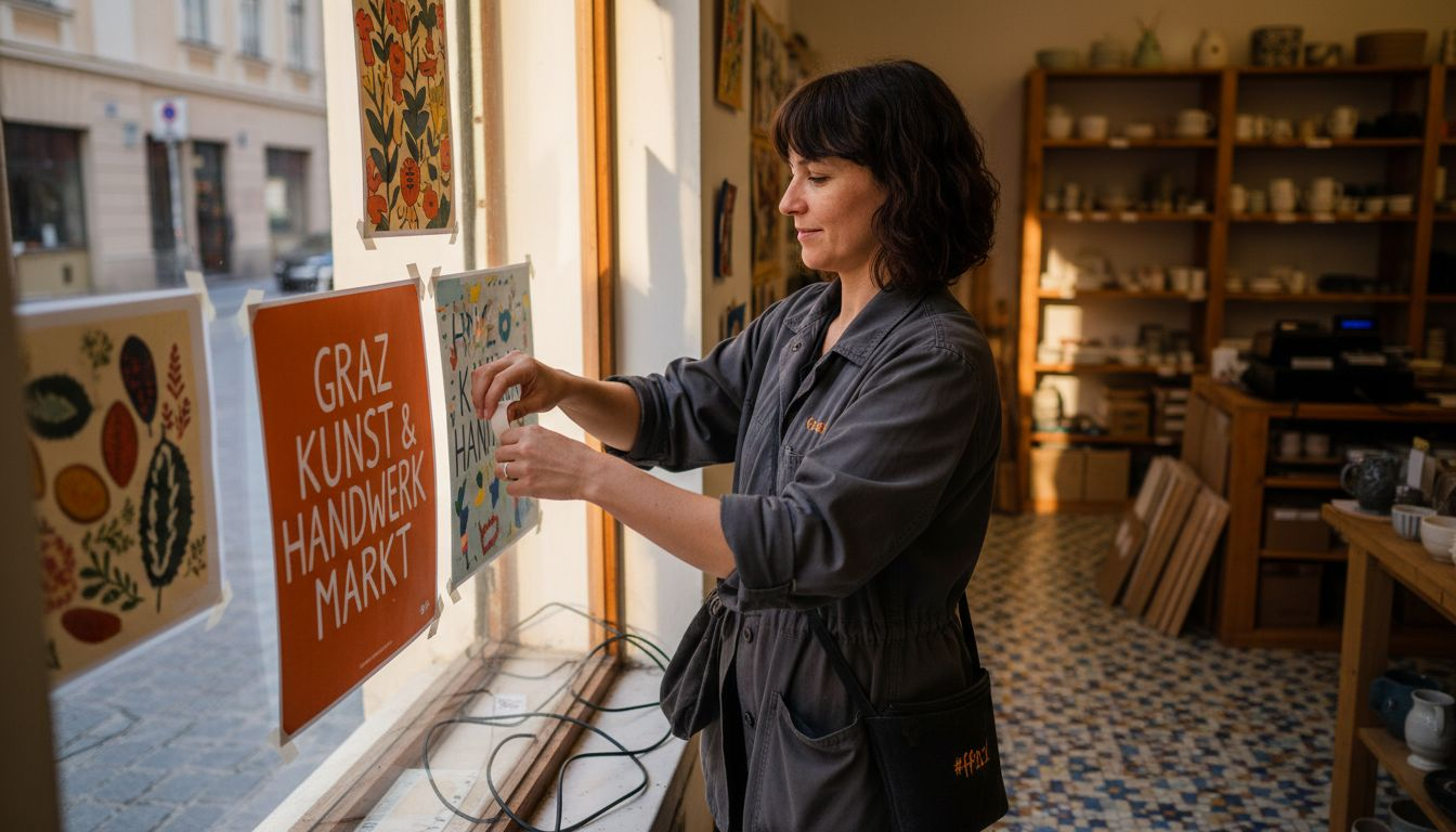 Eine Frau dekoriert ein Schaufenster mit aufmerksamkeitsstarken Werbeplakaten.