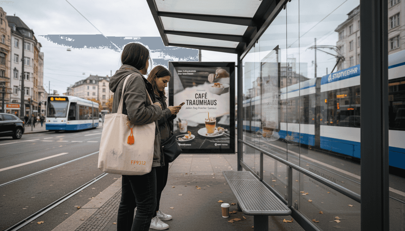 Wartende an der Straßenbahnhaltestelle schauen auf eine digitale Anzeigetafel.