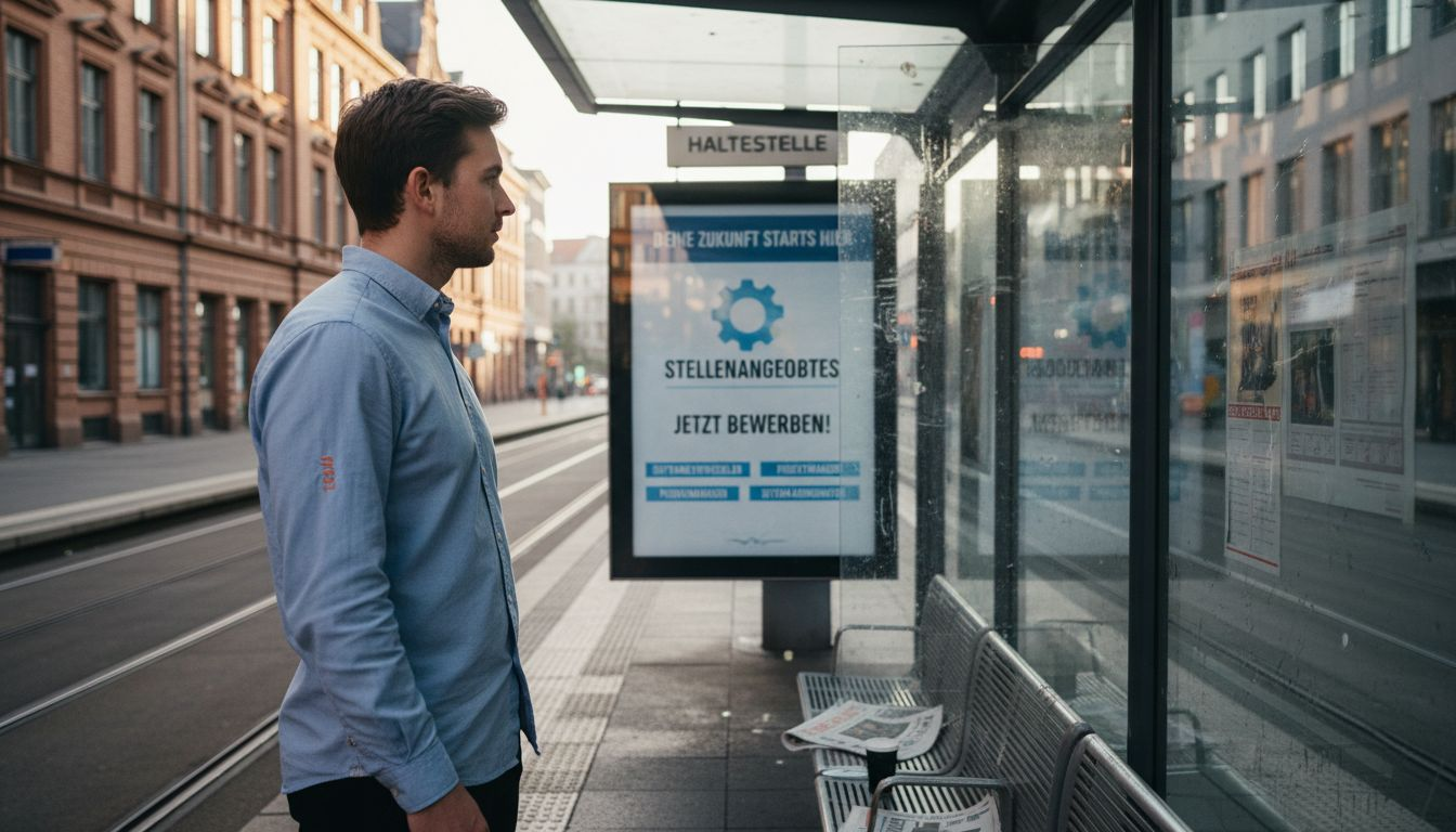 Ein Pendler entdeckt auf seinem Weg zur Arbeit eine digitale Werbetafel mit aktuellen Jobangeboten.