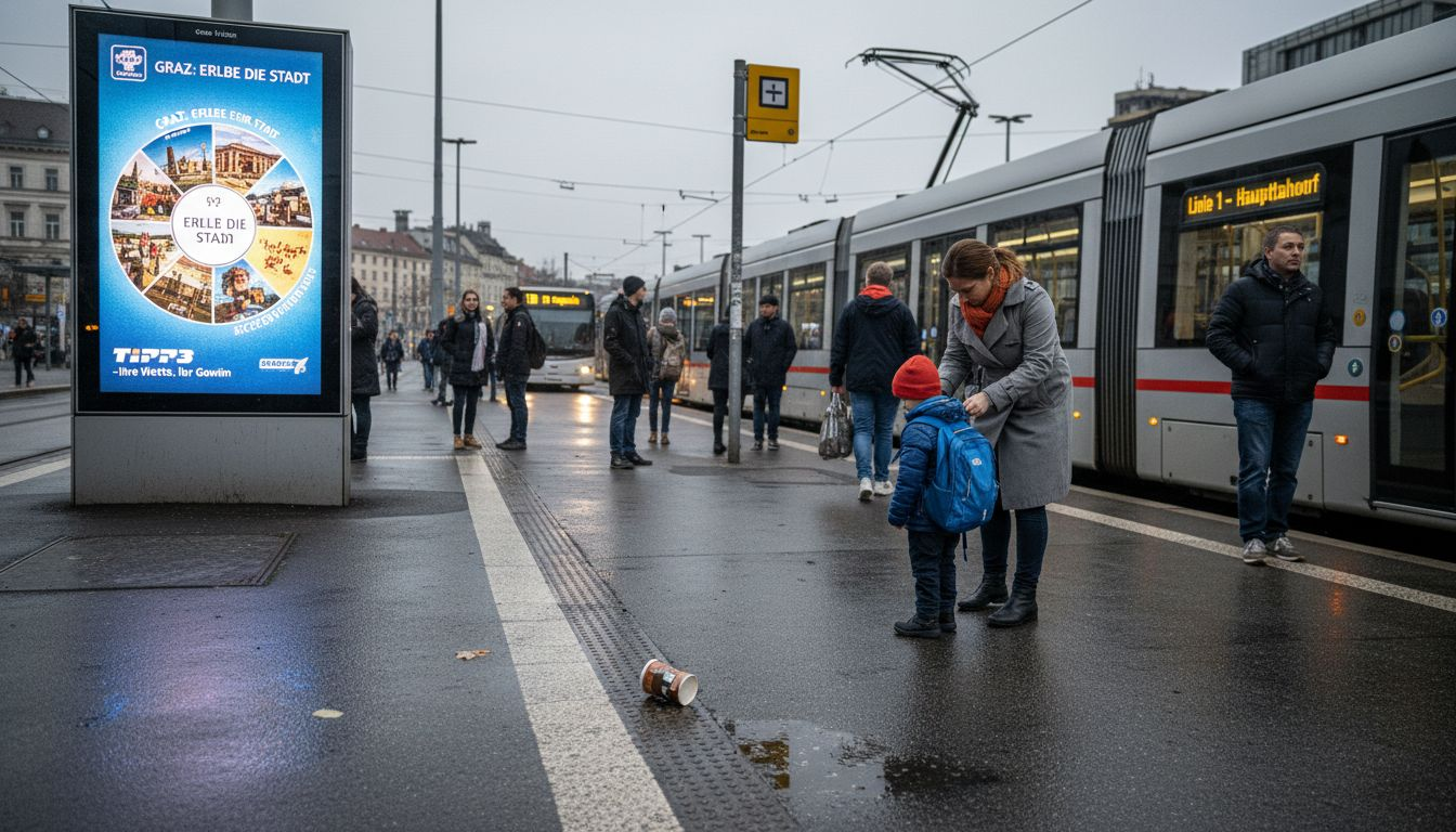 Pendler am Verkehrsknotenpunkt im Blickfeld digitaler Werbedisplays