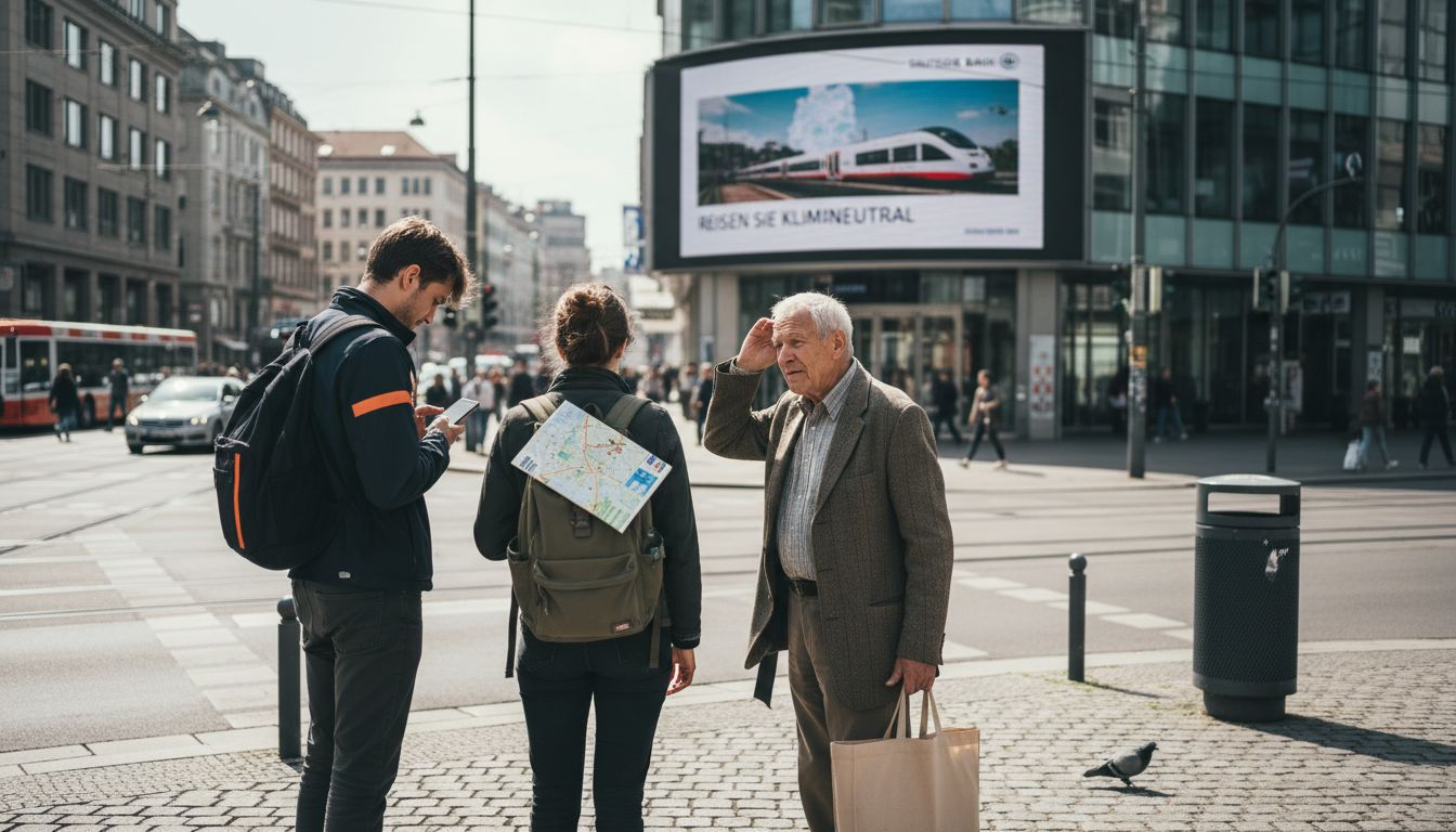 In der Fußgängerzone einer belebten Innenstadt laufen Passanten an einer digitalen Werbetafel vorbei.