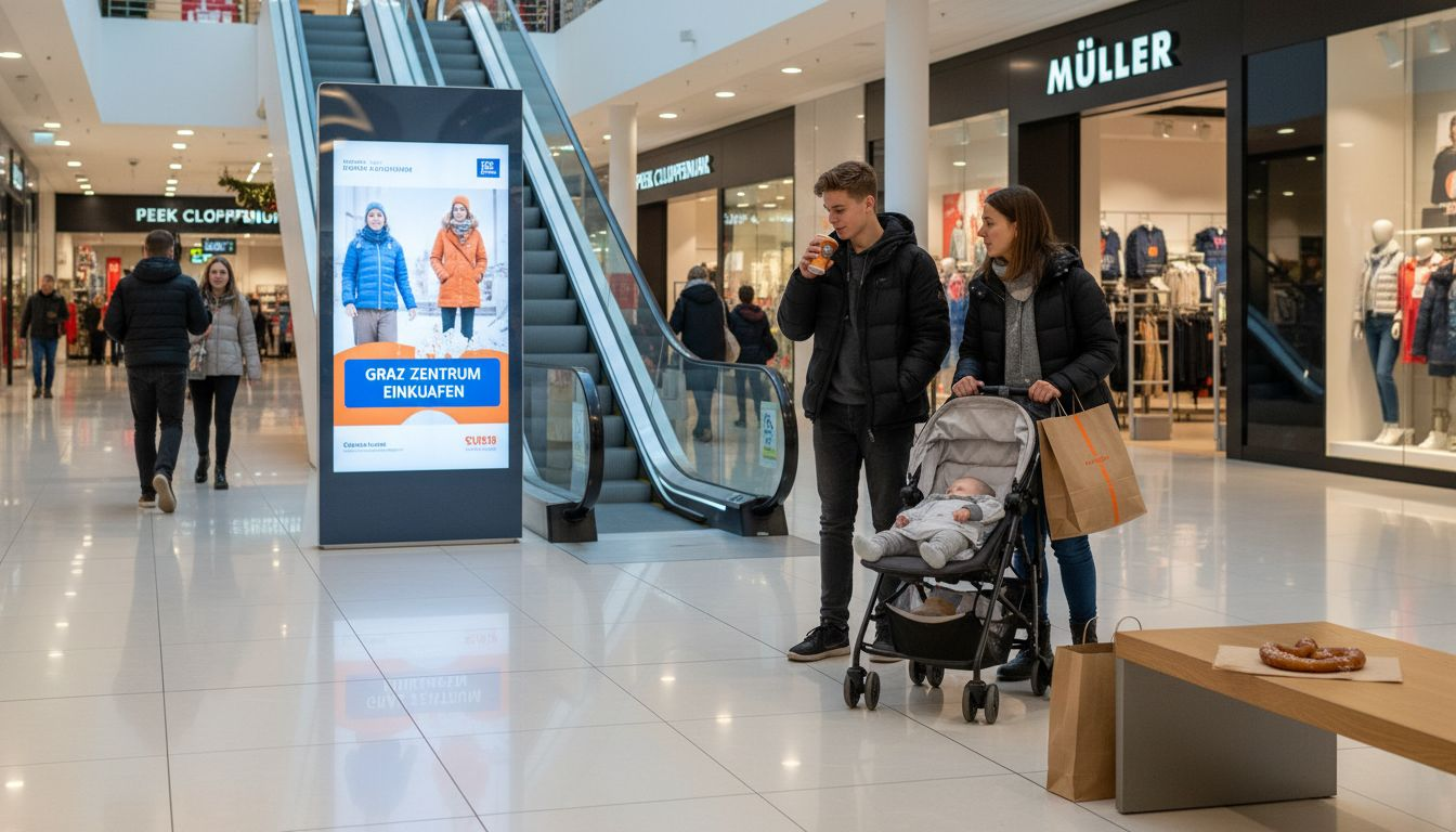 Einkaufende nutzen einen digitalen Bildschirm im Einkaufszentrum in Graz.