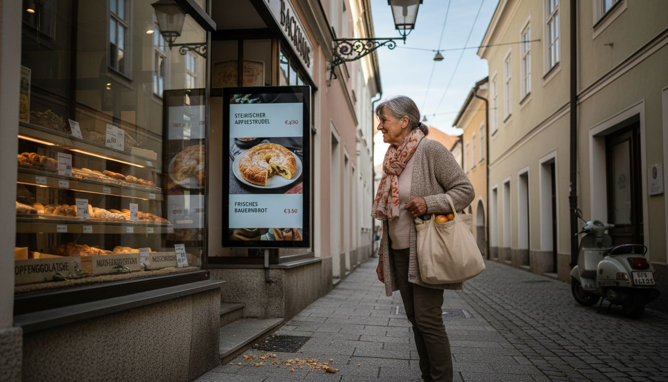 Digitale Werbetafel direkt vor einer Bäckerei in der Steiermark – die ideale Möglichkeit, Ihr Unternehmen regional sichtbar zu machen.