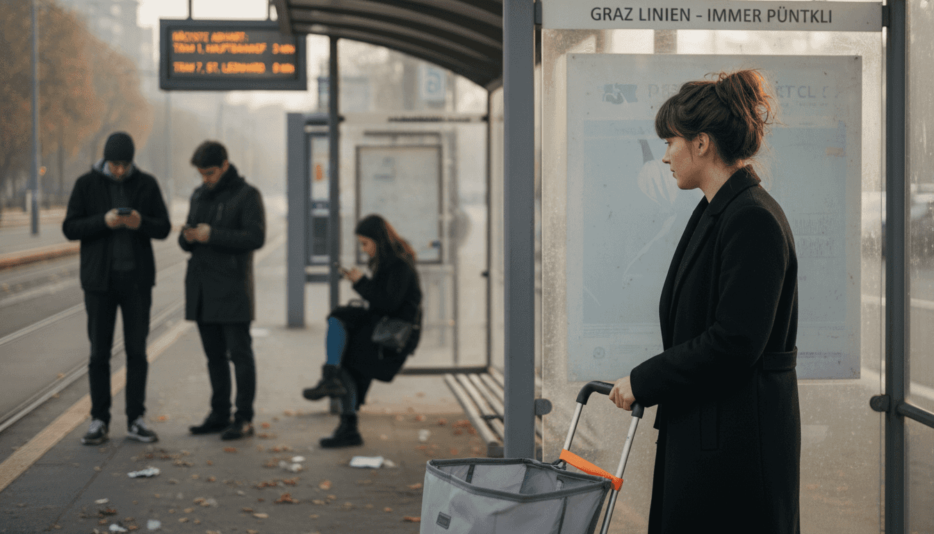 Eine Frau wartet an der Bushaltestelle und blickt auf den Werbebildschirm.