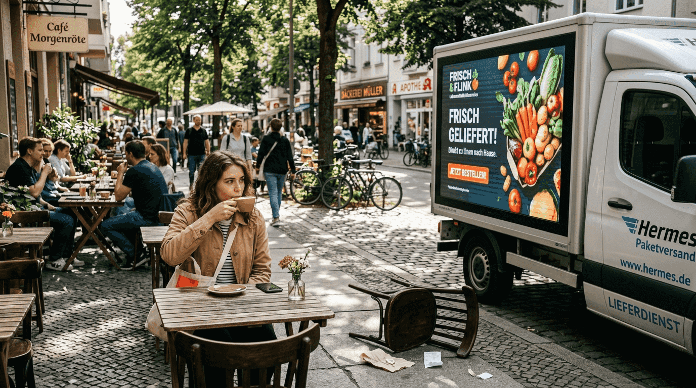 Ein mobiler Werbewagen mit digitaler Anzeige steht direkt neben dem Café.