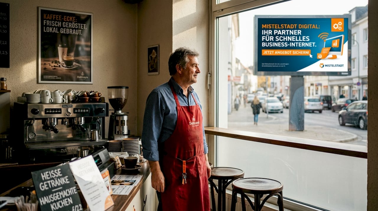 Der Cafébesitzer beobachtet die digitale Werbetafel vor seinem Laden.