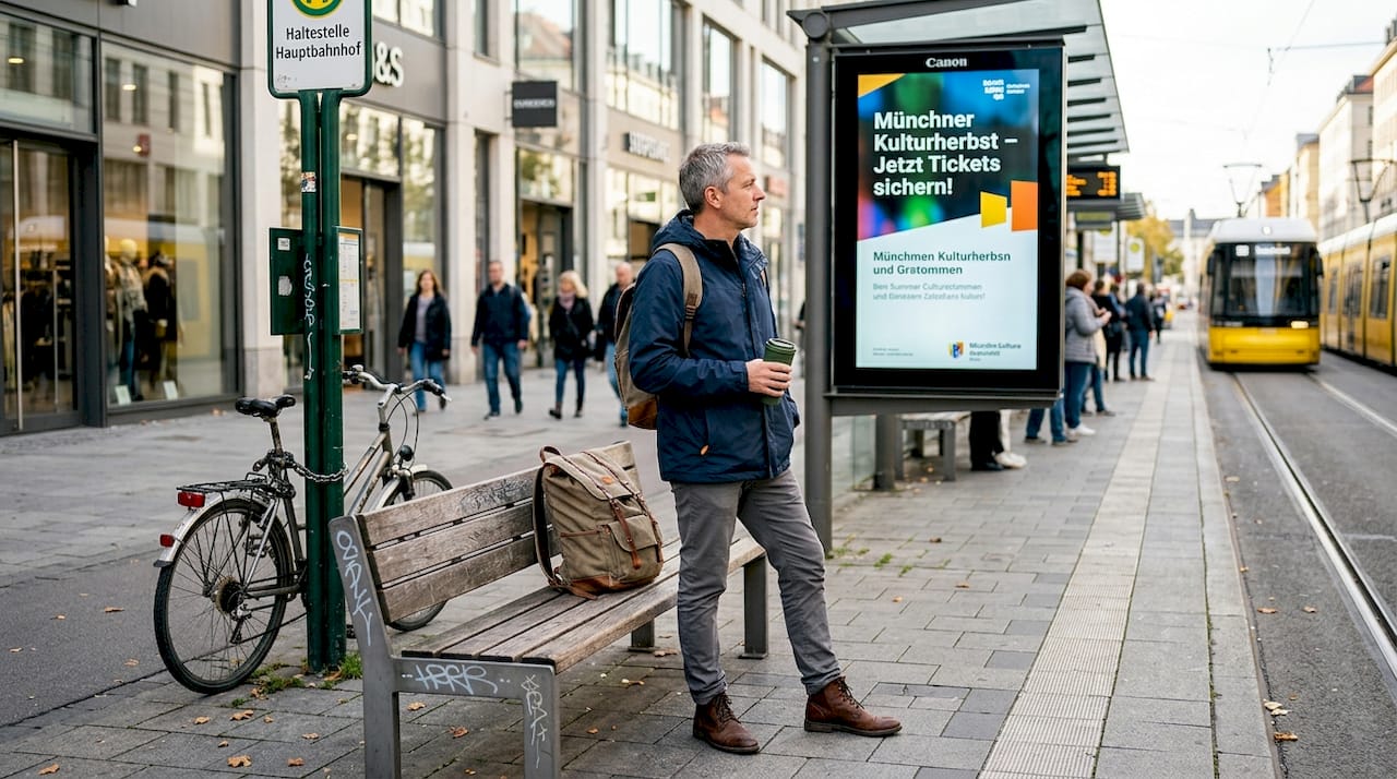 Ein Pendler wirft an der Haltestelle einen Blick auf die digitale Werbetafel.