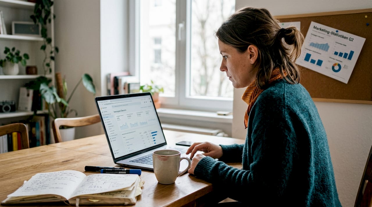 Im Homeoffice wirft eine Frau einen kritischen Blick auf die Landingpage und untersucht, wie sie optimiert werden kann.