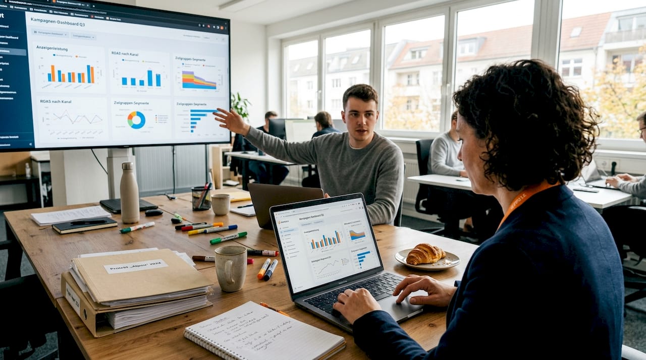 Ein Team wirft gemeinsam einen Blick auf die Analysewerte ihrer aktuellen Online-Werbekampagne.