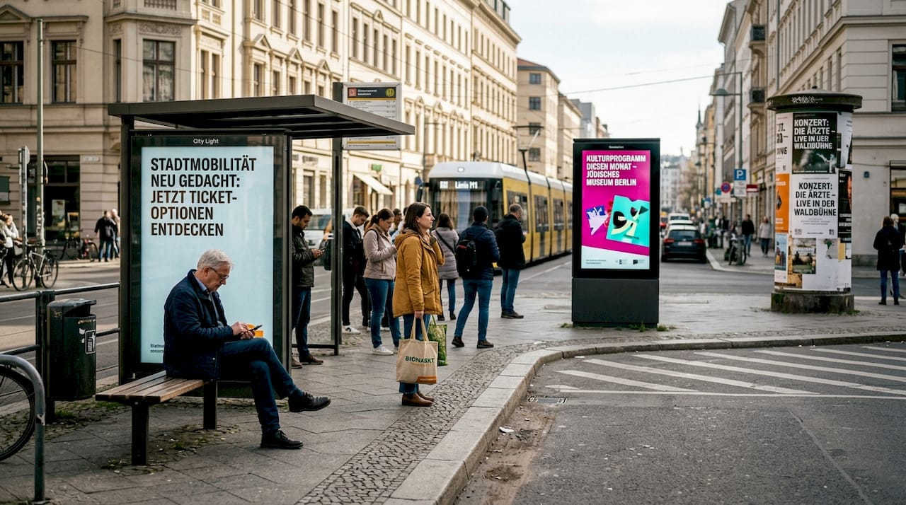 Verschiedene Arten von Außenwerbung sind im Stadtbild zu sehen.