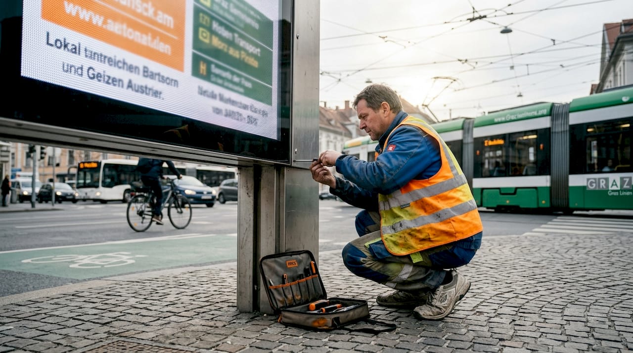 Ein Servicetechniker führt Wartungsarbeiten an einer digitalen Werbetafel in der Innenstadt durch.