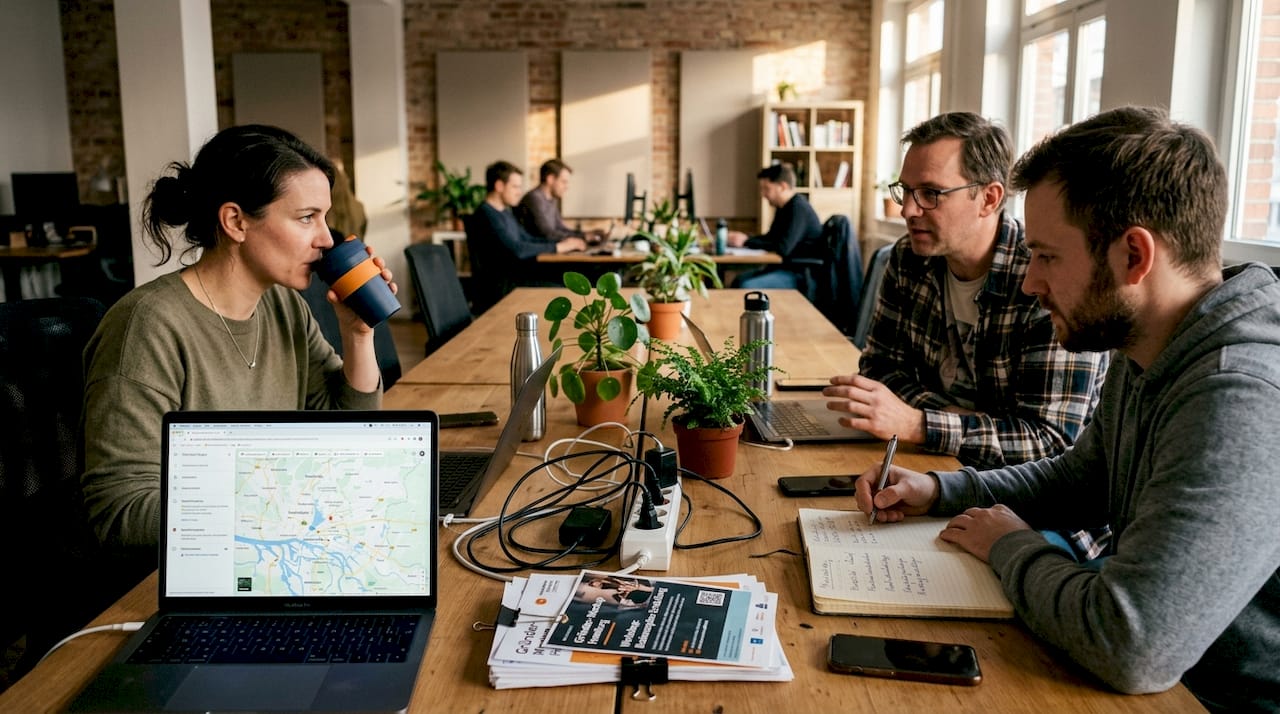 Unternehmer tauschen sich im Coworking-Space über regionale Werbestrategien aus.