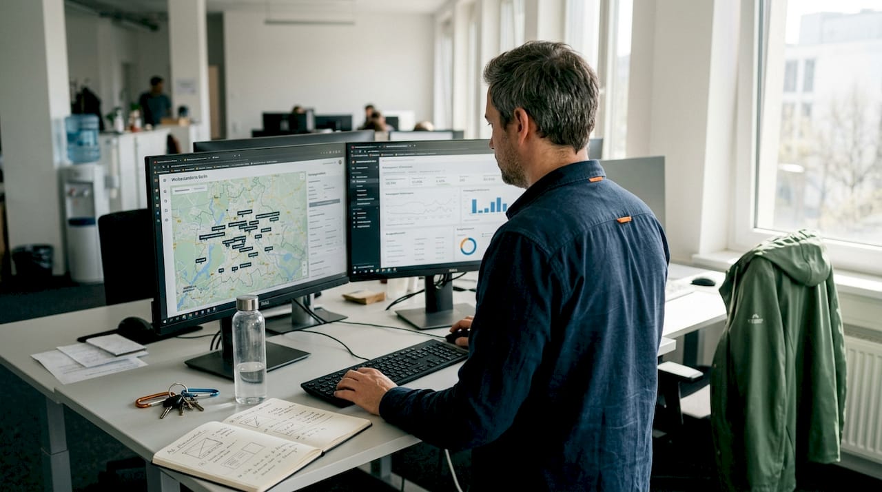 Ein Techniker nimmt Einstellungen an digitalen Werbetafeln vor, um die aktuellen Kampagnen optimal anzupassen.