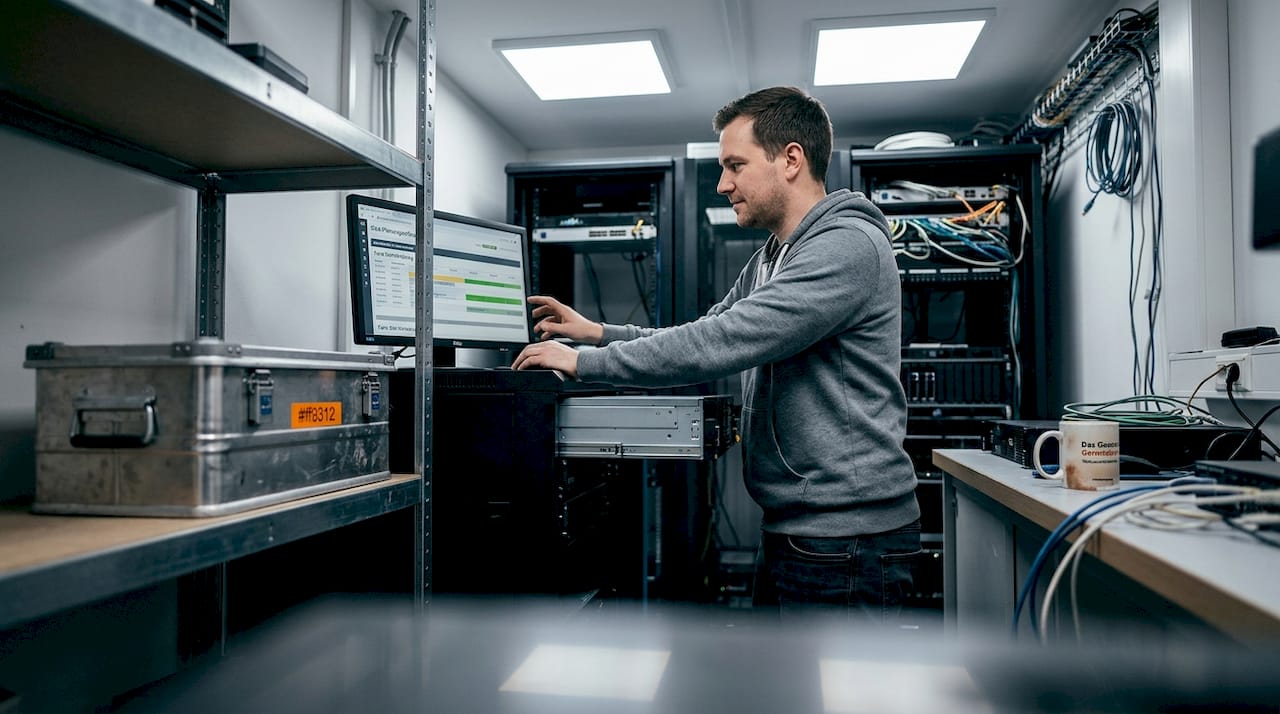 Ein Techniker überprüft die Wechselintervalle der digitalen Werbeflächen.