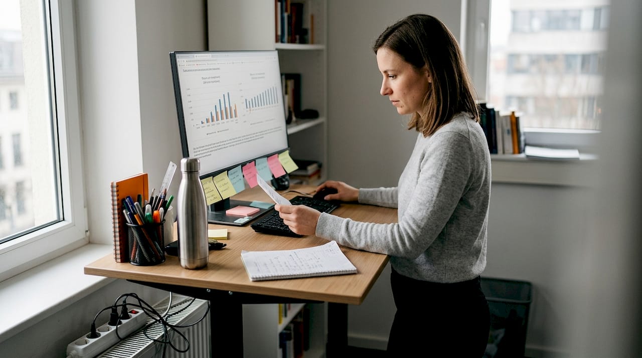 Eine Bürokraft analysiert die Rentabilitätskennzahlen an ihrem Stehschreibtisch.