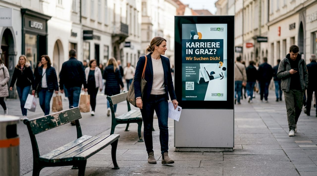 Eine Frau bleibt neugierig vor einer digitalen Jobanzeige auf der Straße stehen.