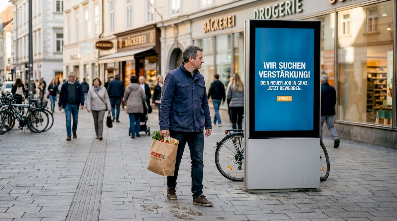Ein Mann bleibt vor einer digitalen Werbetafel stehen und schaut sich eine Stellenanzeige an.