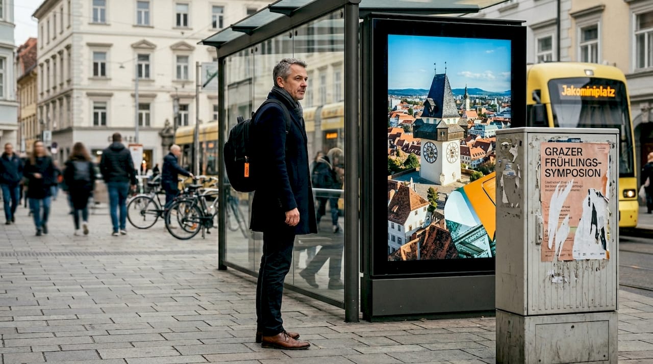 Ein Mann wirft einen Blick auf die digitale Werbetafel an einer Grazer Straßenbahnhaltestelle.