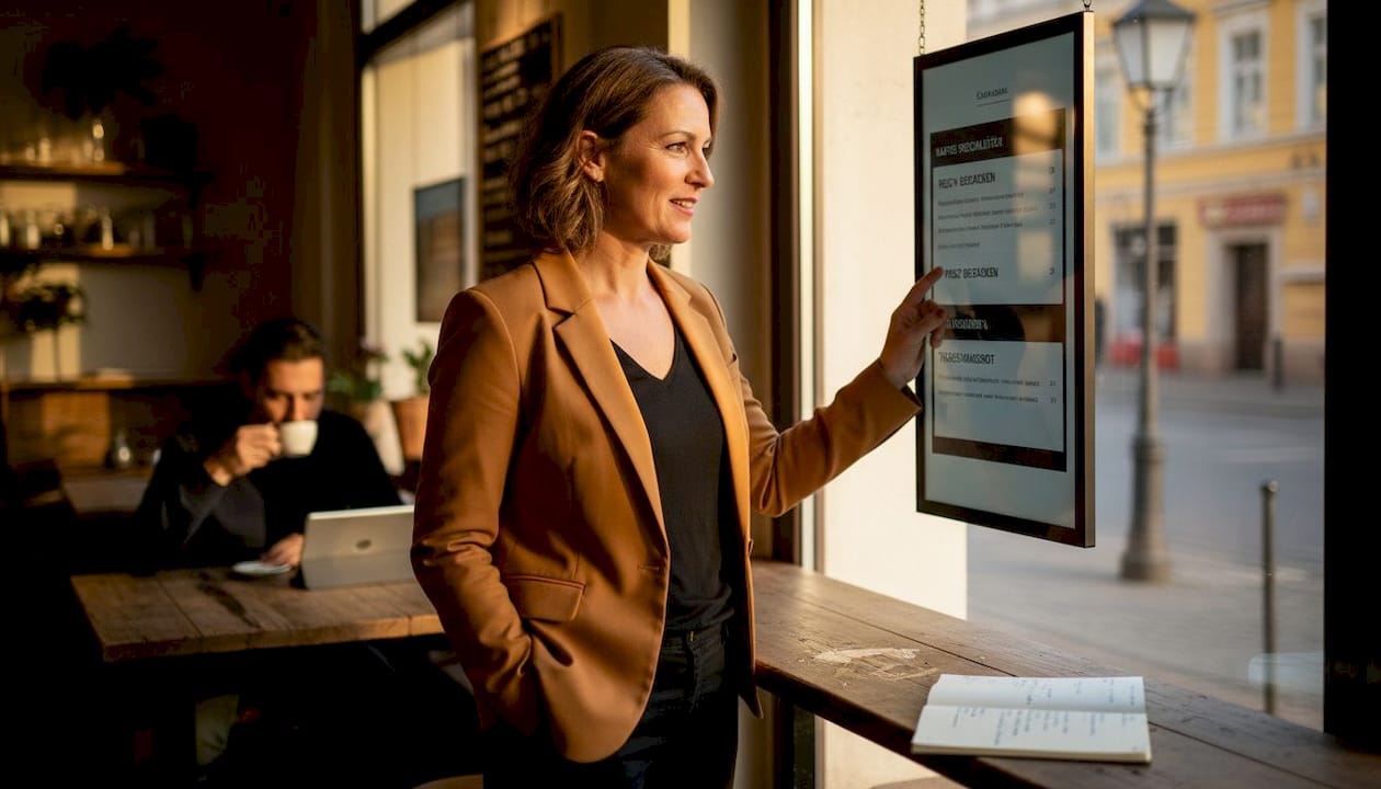 Eine Frau sitzt im Café und schaut sich digitale Werbeanzeigen an.