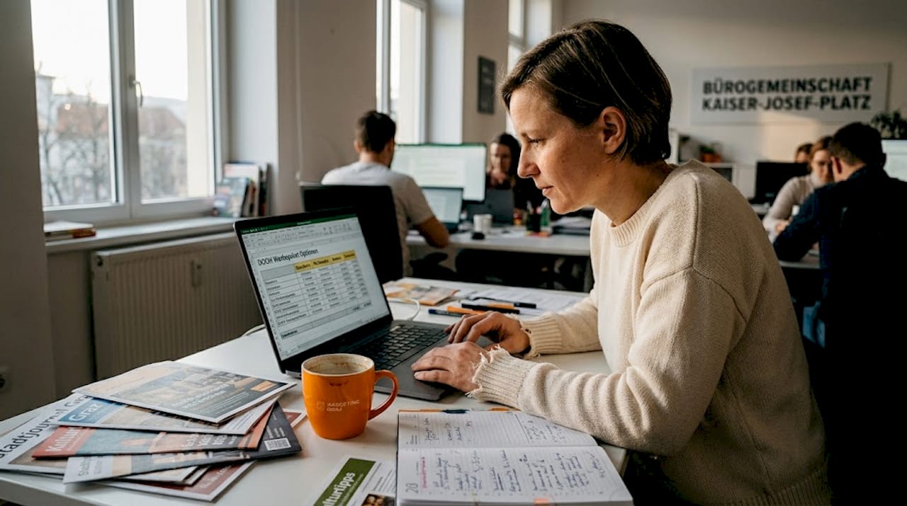 Manager prüft und vergleicht verschiedene Möglichkeiten für digitale Außenwerbung.