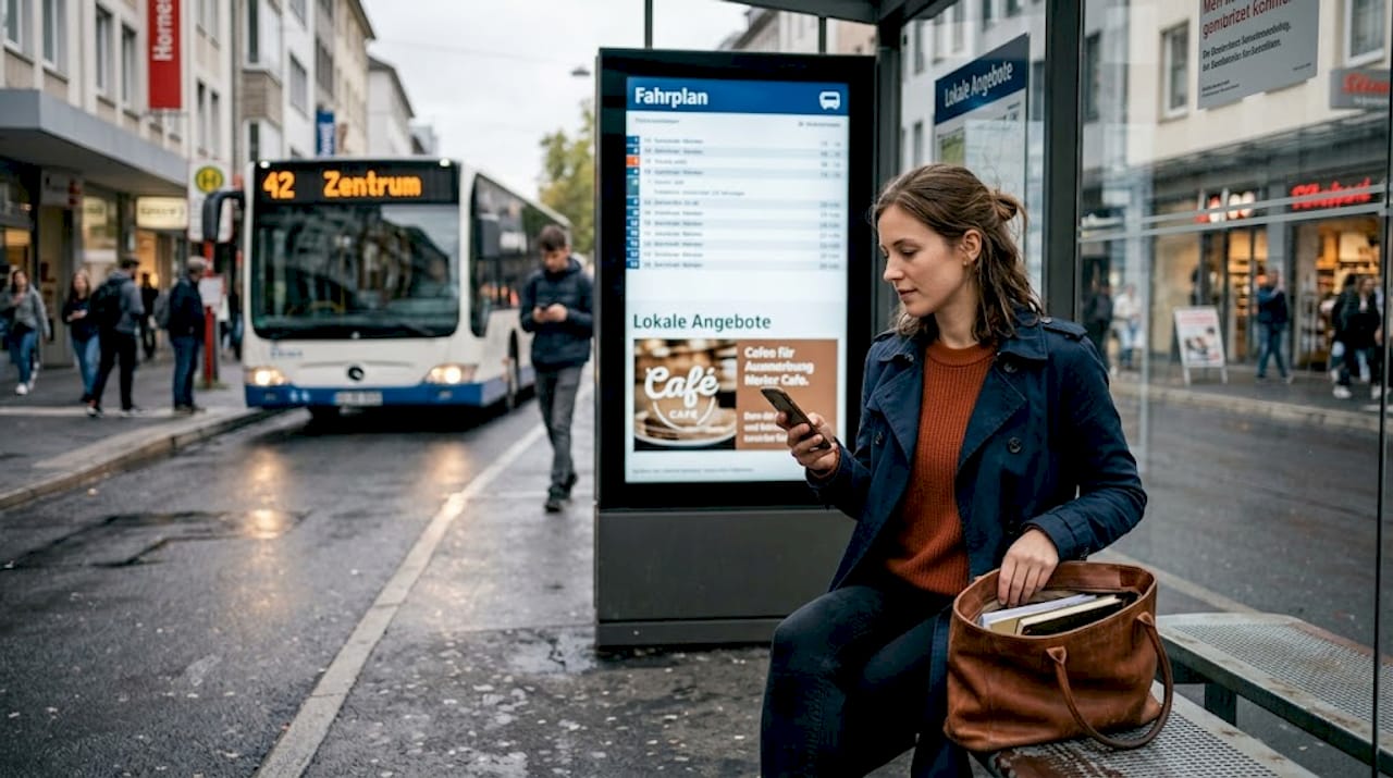 Eine Frau betrachtet aufmerksam eine digitale Werbetafel an der Bushaltestelle.