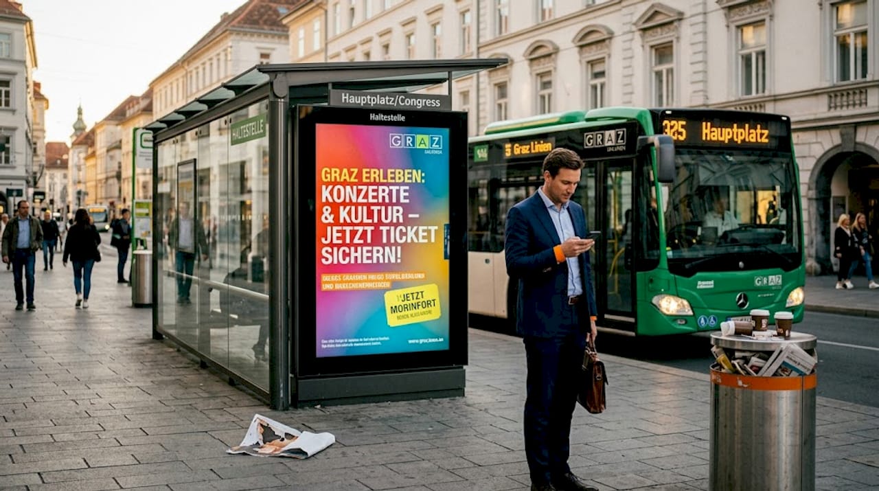 Digitaler Werbescreen an einer stark frequentierten Grazer Straßenbahnhaltestelle