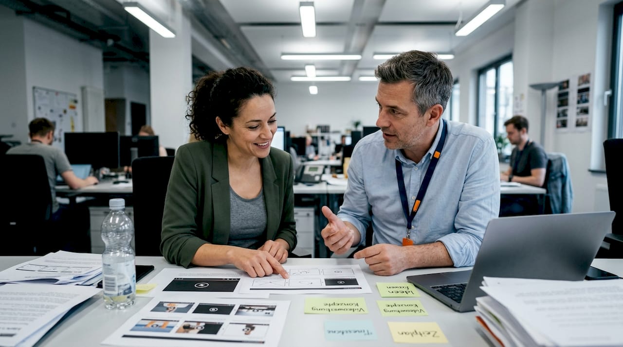 Gemeinsames Ideensammeln im Team zu neuen digitalen Werbeformaten