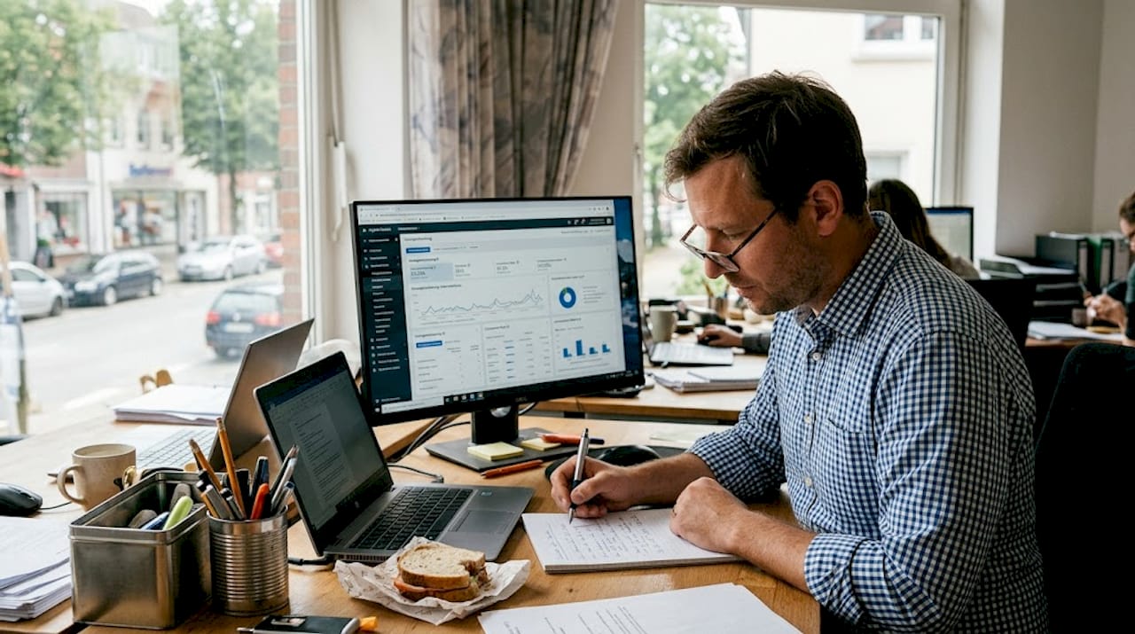 Ein Marketingmanager analysiert die Ergebnisse lokaler Werbekampagnen.