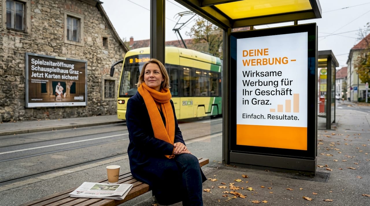 Eine Frau wirft einen Blick auf digitale Werbung sowie auf ein klassisches Plakat.