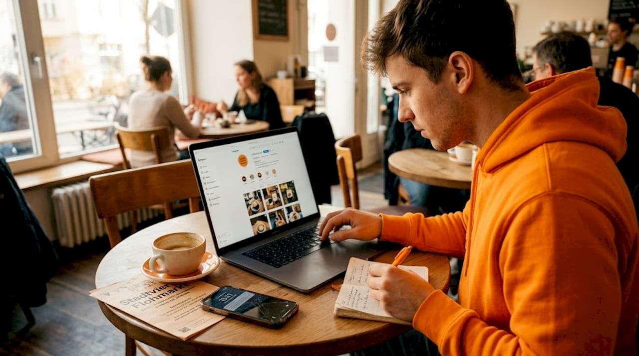 Ein Mann sitzt im Café und kümmert sich dort um die Social-Media-Auftritte seines lokalen Unternehmens.