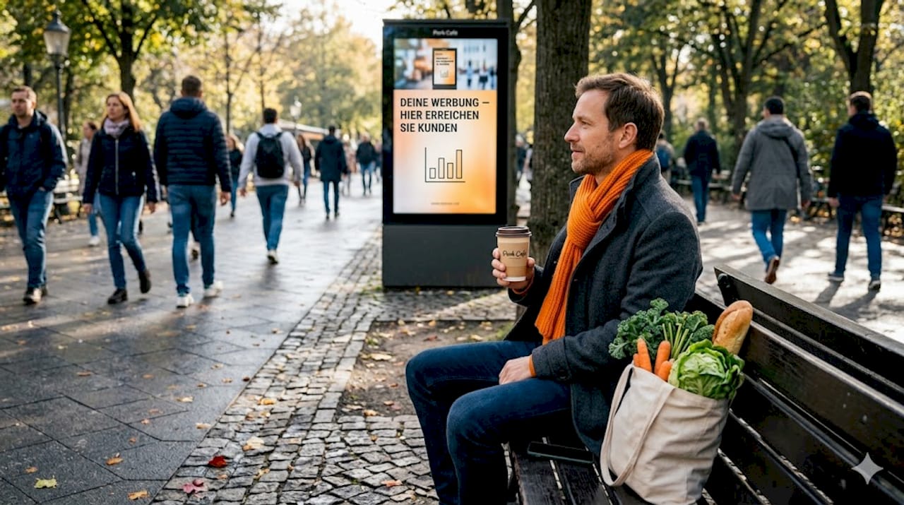 Ein Mann sitzt entspannt auf einer Parkbank, während im Hintergrund eine digitale Werbetafel leuchtet.
