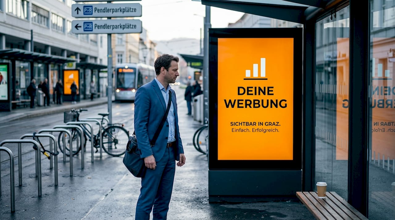 Ein Pendler wirft einen Blick auf das Werbedisplay neben den Fahrradständern.