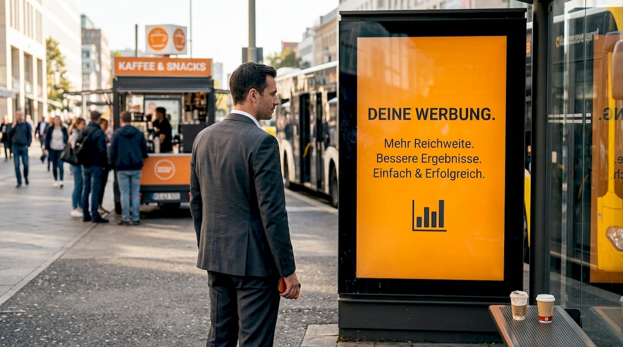 Ein Fußgänger wirft einen Blick auf die digitale Werbetafel an der Bushaltestelle.