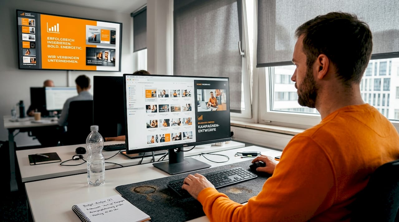Ein Mitarbeiter arbeitet am Computer und entwickelt kreative Werbematerialien.