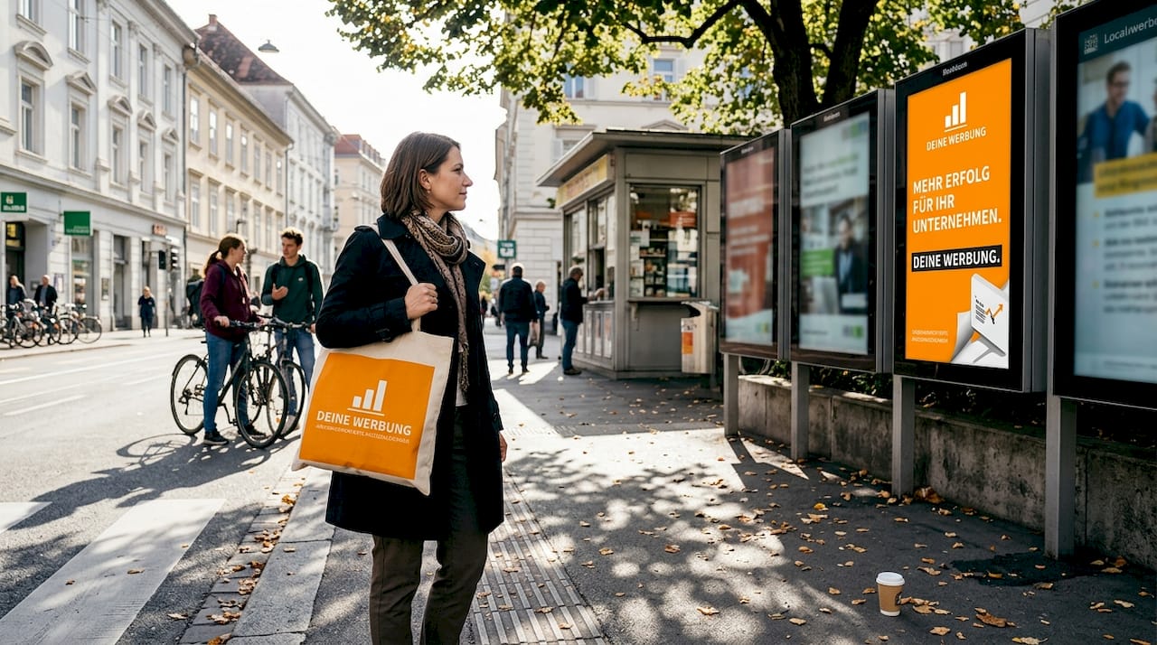 An einer Straßenecke warten Fußgänger, umgeben von mehreren digitalen Bildschirmen.