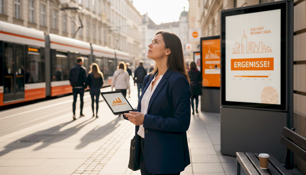 Ein Manager begutachtet die Werbeanzeigen auf digitalen Plakatwänden in der Innenstadt.