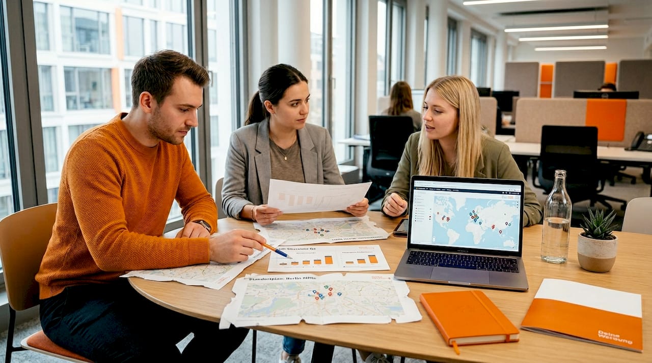 Ein Team plant den Standort für eine Werbekampagne und arbeitet dabei mit Kartenmaterial und Laptop.