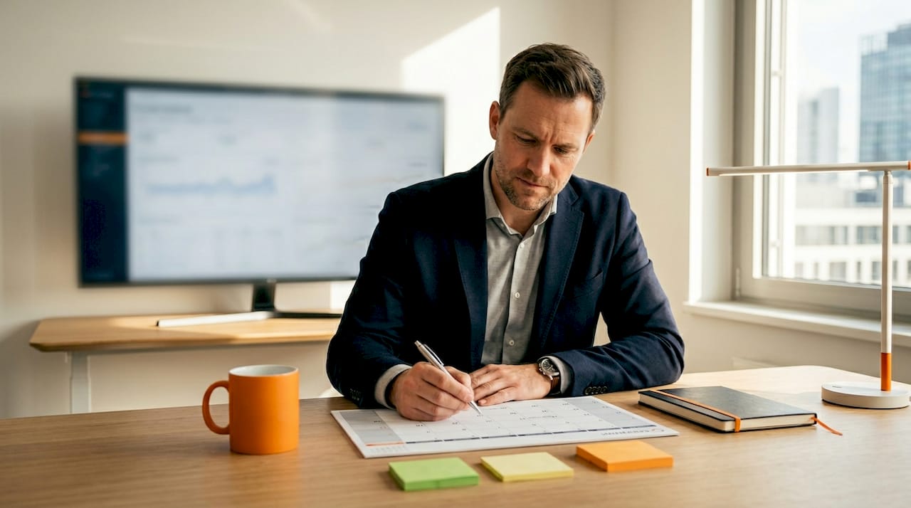 Ein Marketingmanager entwickelt am Arbeitsplatz eine neue Werbestrategie.