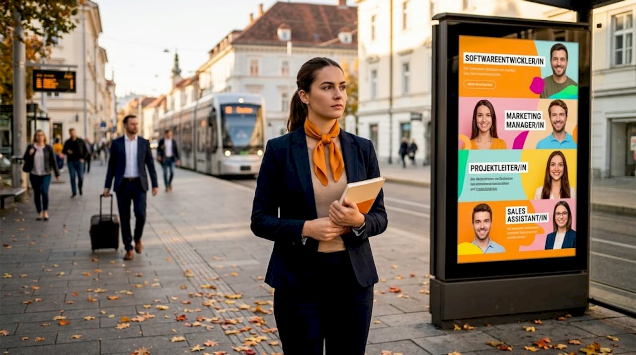 Eine Frau wartet an der Straßenbahnhaltestelle, direkt neben einer digitalen Werbetafel.