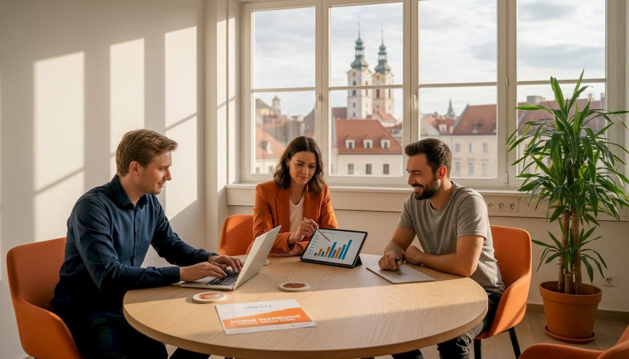 Besprechung im regionalen Team mit unterstützenden Präsentationsmaterialien