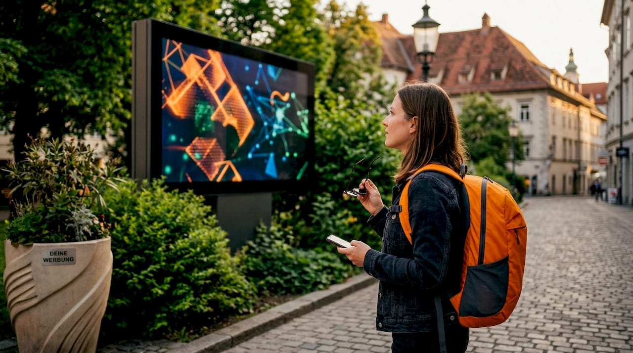 Eine Passantin wirft einen Blick auf eine digitale Werbeanzeige in Graz.