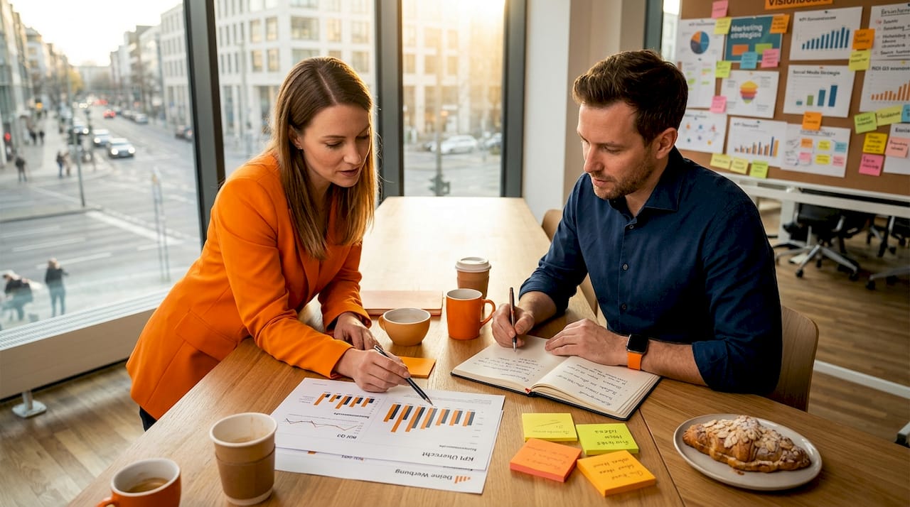Ein Team wertet gemeinsam im kreativen Arbeitsumfeld wichtige Kennzahlen aus.